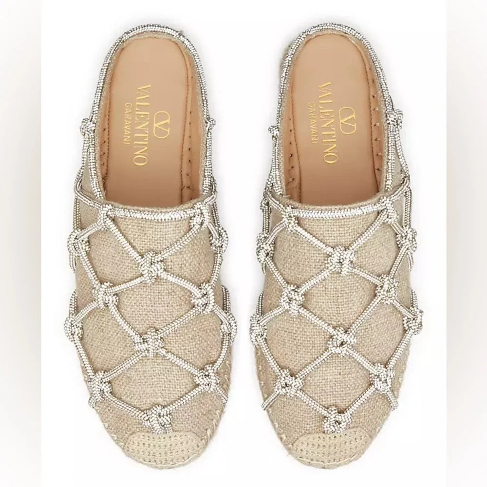 Like new VALENTINO GARAVANI Crystal-embellished linen espadrille mules $1,150 37